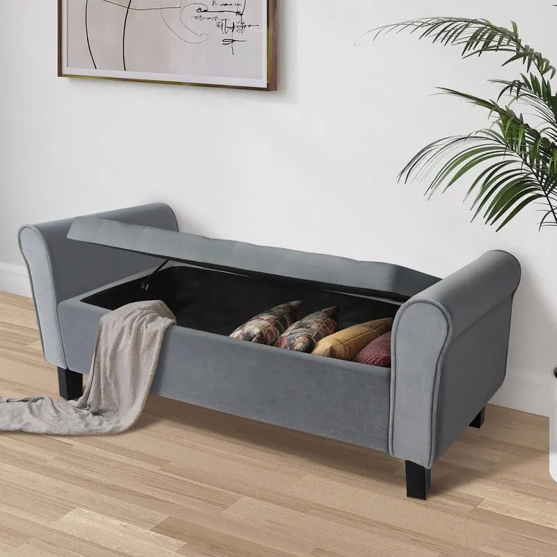 Velvet Ottoman Bench with Storage and Arms