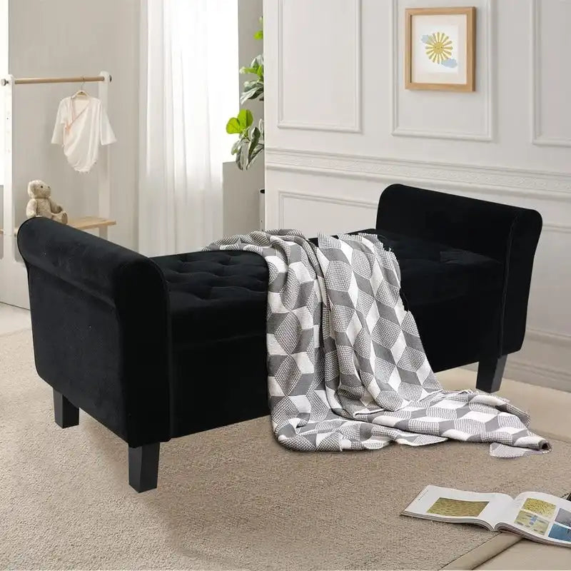 Velvet Ottoman Bench with Storage and Arms