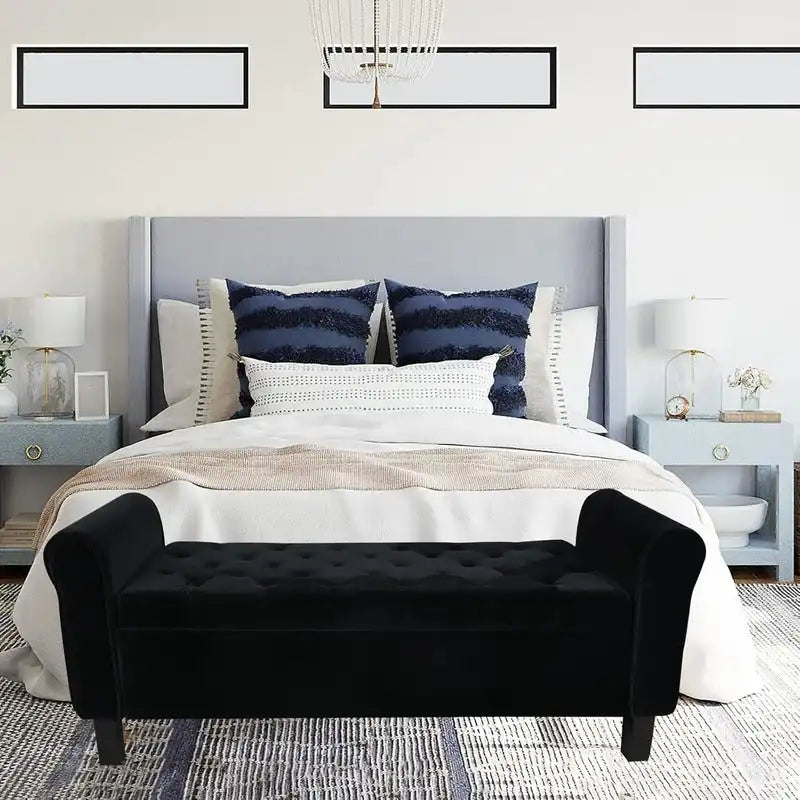 Velvet Ottoman Bench with Storage and Arms