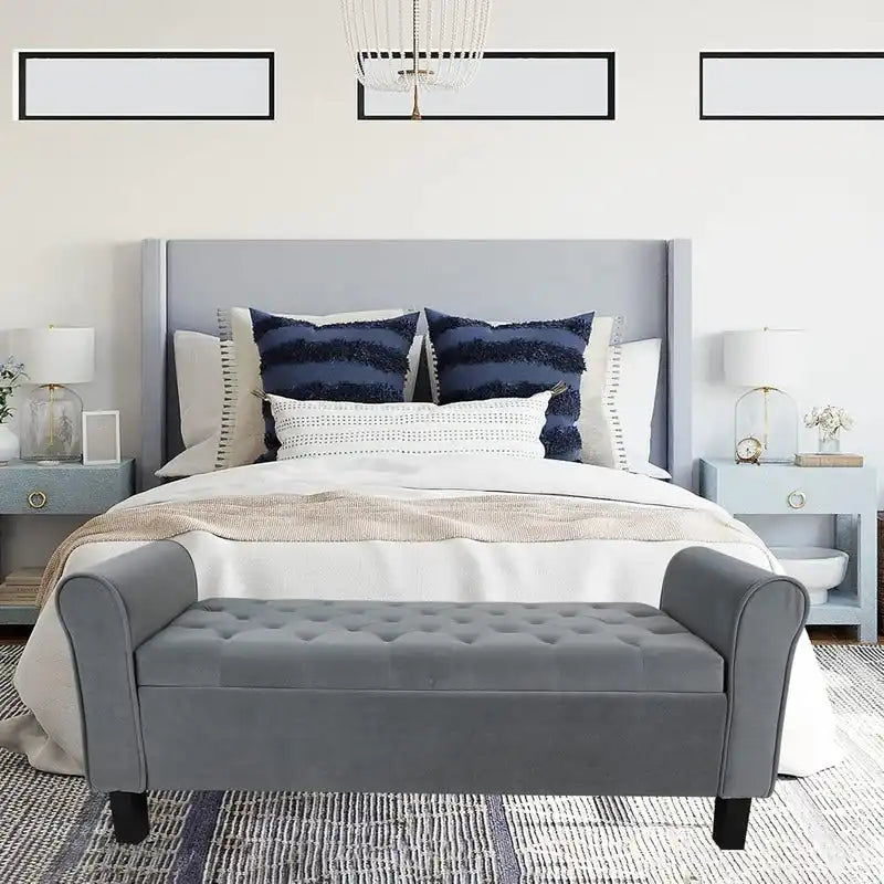 Velvet Ottoman Bench with Storage and Arms