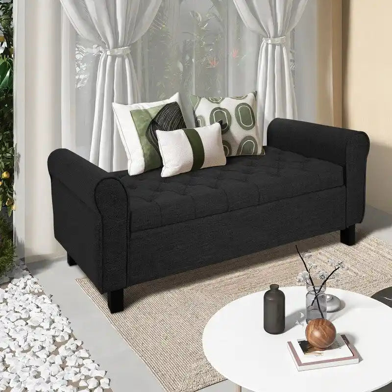 Velvet Ottoman Bench with Storage and Arms