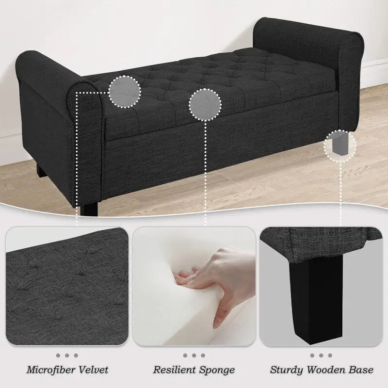 Velvet Ottoman Bench with Storage and Arms