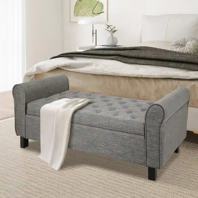 Velvet Ottoman Bench with Storage and Arms