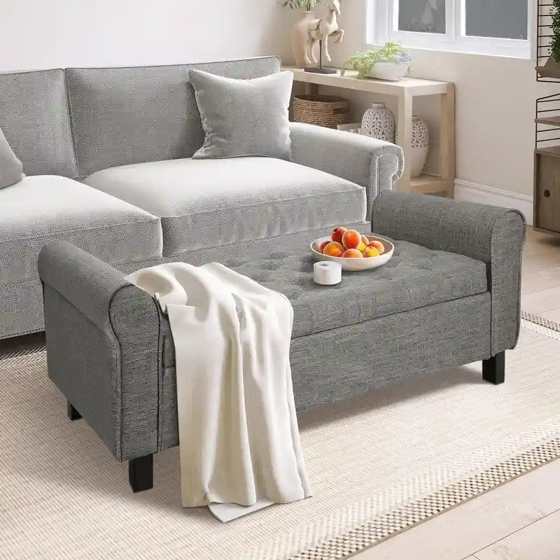 Velvet Ottoman Bench with Storage and Arms