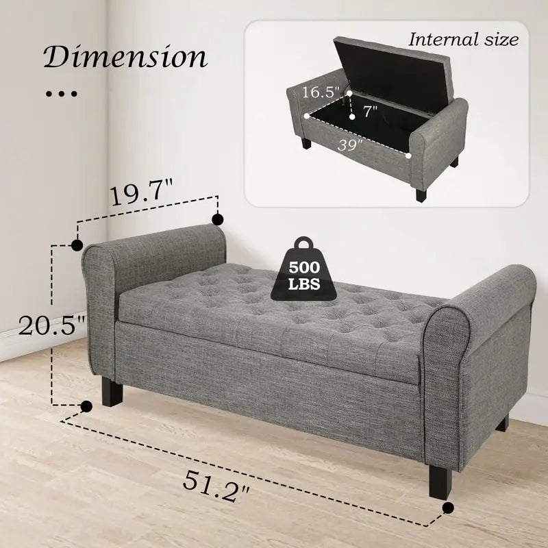 Velvet Ottoman Bench with Storage and Arms