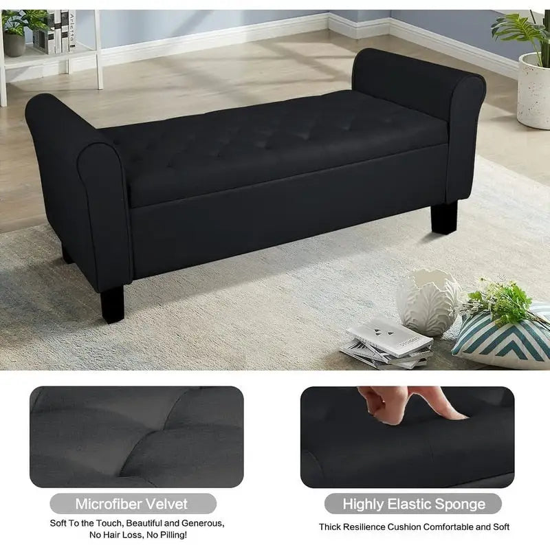 Velvet Ottoman Bench with Storage and Arms