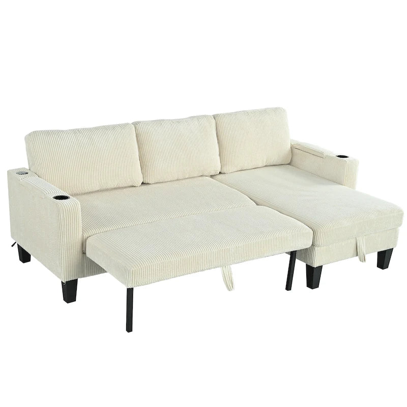 Christopher Knight Home - Reversible Fabric Sleeper L-Shaped Sectional Sofa with Storage Chaise, USB Ports & Cup Holders