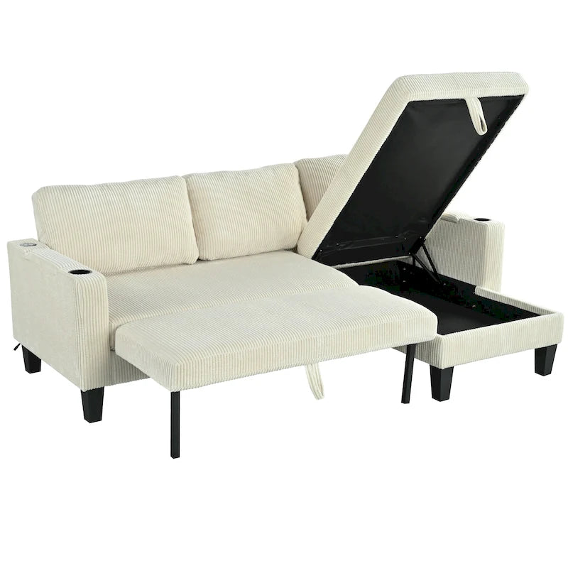 Christopher Knight Home - Reversible Fabric Sleeper L-Shaped Sectional Sofa with Storage Chaise, USB Ports & Cup Holders