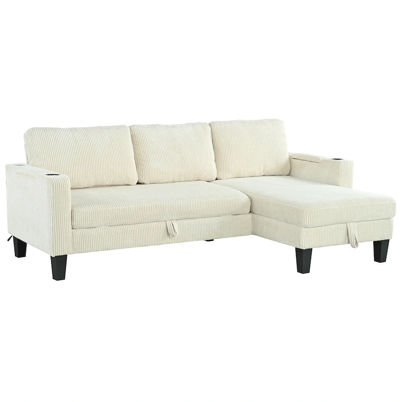 Christopher Knight Home - Reversible Fabric Sleeper L-Shaped Sectional Sofa with Storage Chaise, USB Ports & Cup Holders