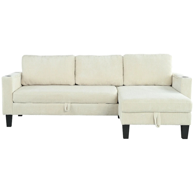 Christopher Knight Home - Reversible Fabric Sleeper L-Shaped Sectional Sofa with Storage Chaise, USB Ports & Cup Holders