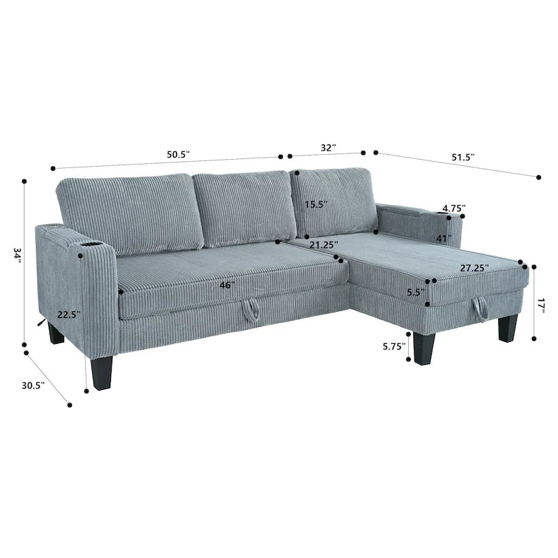 Christopher Knight Home - Reversible Fabric Sleeper L-Shaped Sectional Sofa with Storage Chaise, USB Ports & Cup Holders