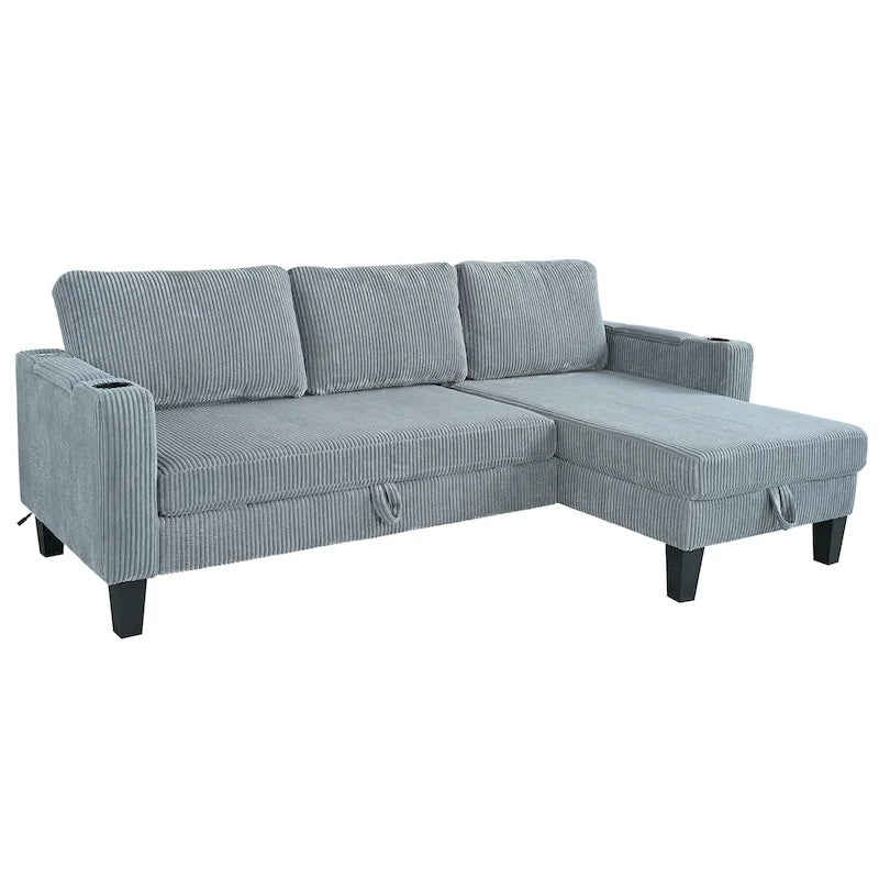 Christopher Knight Home - Reversible Fabric Sleeper L-Shaped Sectional Sofa with Storage Chaise, USB Ports & Cup Holders