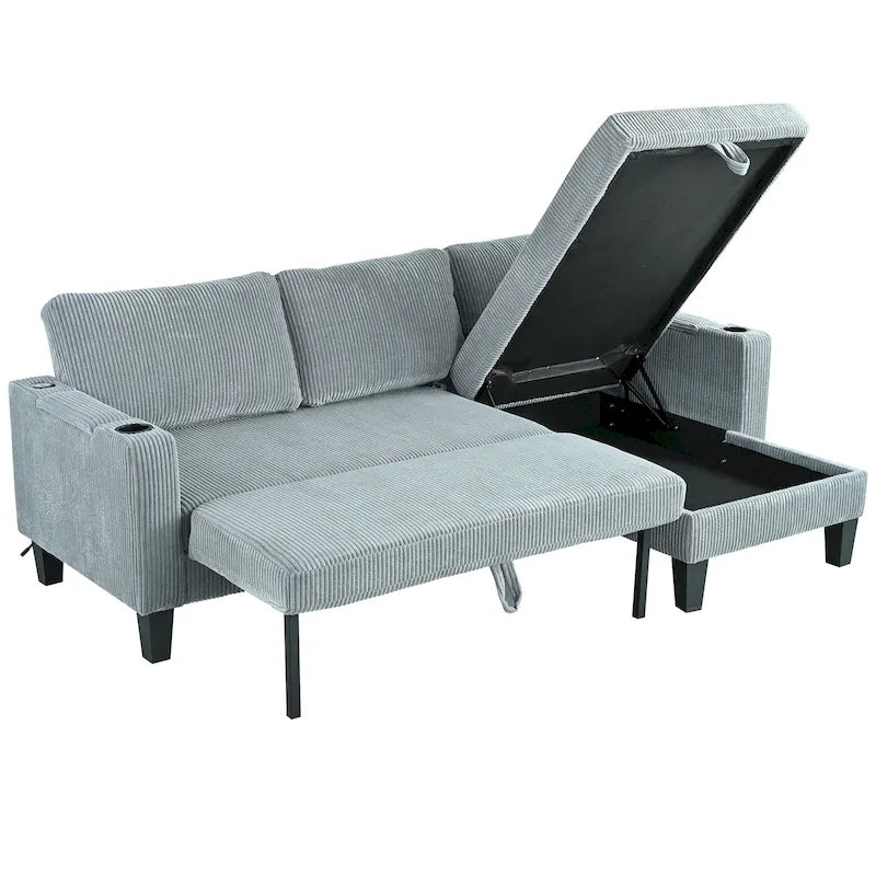 Christopher Knight Home - Reversible Fabric Sleeper L-Shaped Sectional Sofa with Storage Chaise, USB Ports & Cup Holders