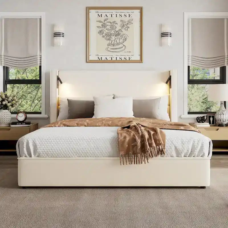 Christopher Knight Home- Cassie Upholstered Bed Frame with Reading Lamp & USB Port