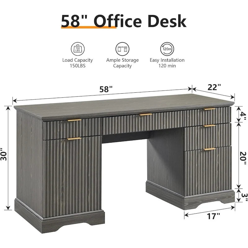 58 Modern Executive Desk with Storage, Wood Home Office Desk