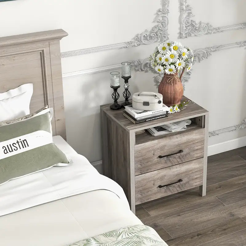 Gymax Nightstand w/ 2 Drawers Farmhouse Bed Side Table w/ Open Storage