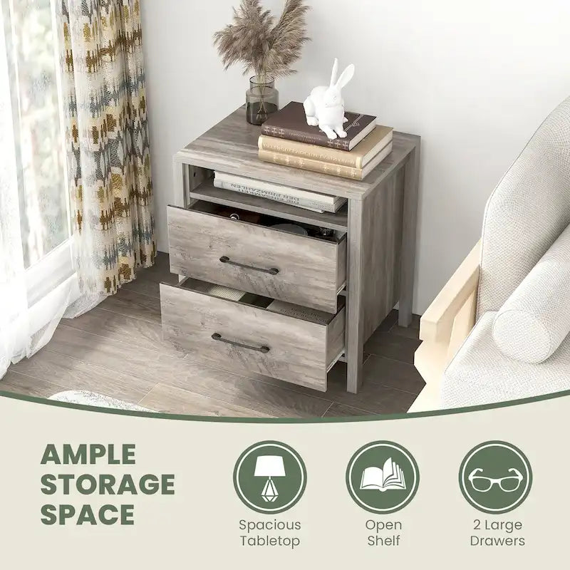 Gymax Nightstand w/ 2 Drawers Farmhouse Bed Side Table w/ Open Storage