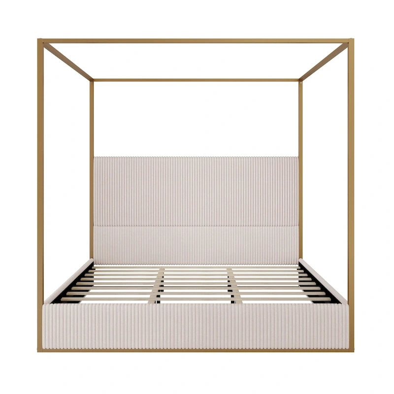 Modern Luxury Metal Canopy Bed with Tall Upholstered Headboard & Four Poster