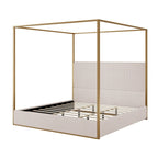 Modern Luxury Metal Canopy Bed with Tall Upholstered Headboard & Four Poster