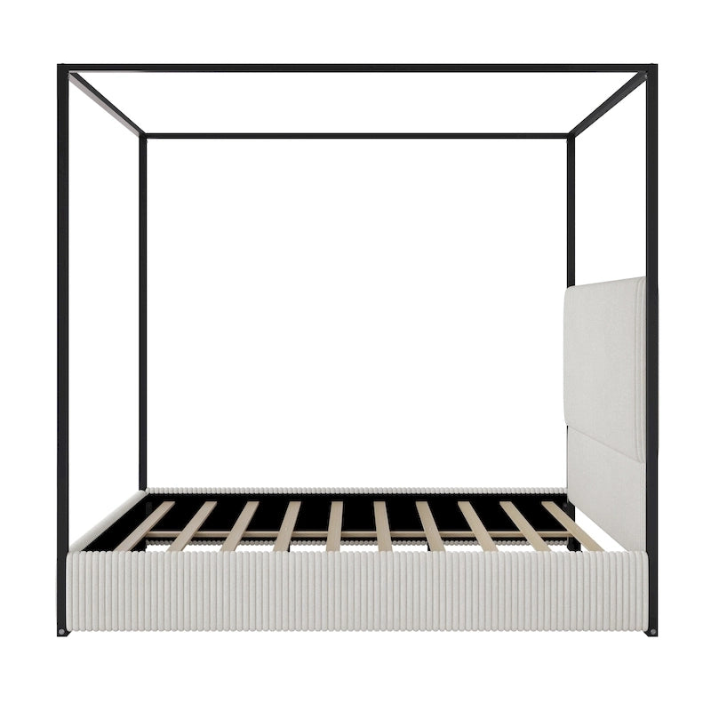 Modern Luxury Metal Canopy Bed with Tall Upholstered Headboard & Four Poster