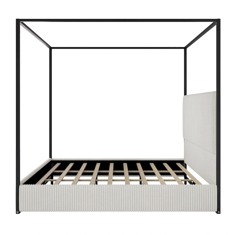 Modern Luxury Metal Canopy Bed with Tall Upholstered Headboard & Four Poster