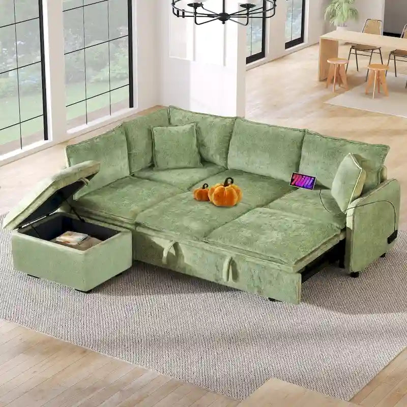 Convertible Sofa Bed Sectional Sleeper with Storage Ottoman, Two Pillows, USB Ports, and Power Sockets