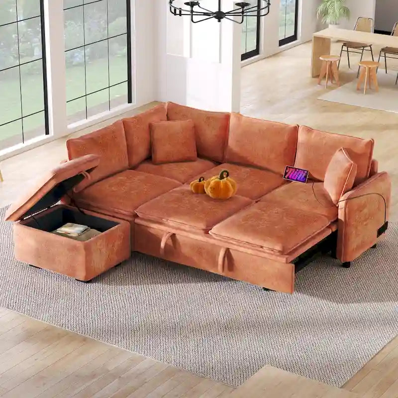Convertible Sofa Bed Sectional Sleeper with Storage Ottoman, Two Pillows, USB Ports, and Power Sockets