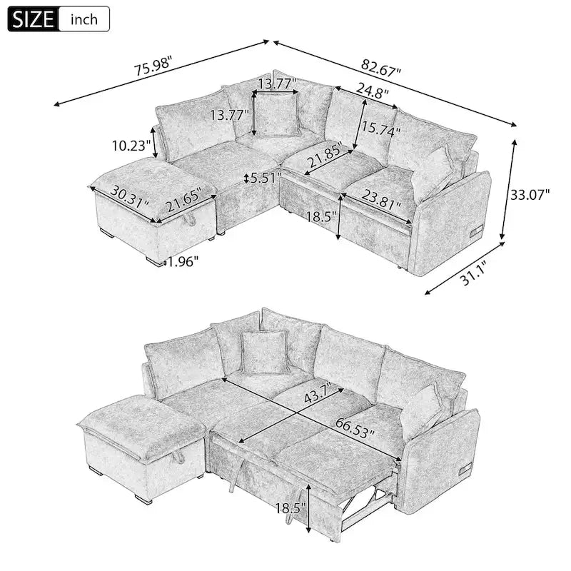 Convertible Sofa Bed Sectional Sleeper with Storage Ottoman, Two Pillows, USB Ports, and Power Sockets