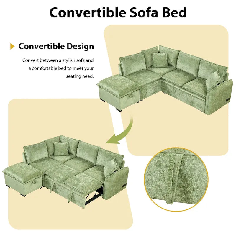 Convertible Sofa Bed Sectional Sleeper with Storage Ottoman, Two Pillows, USB Ports, and Power Sockets