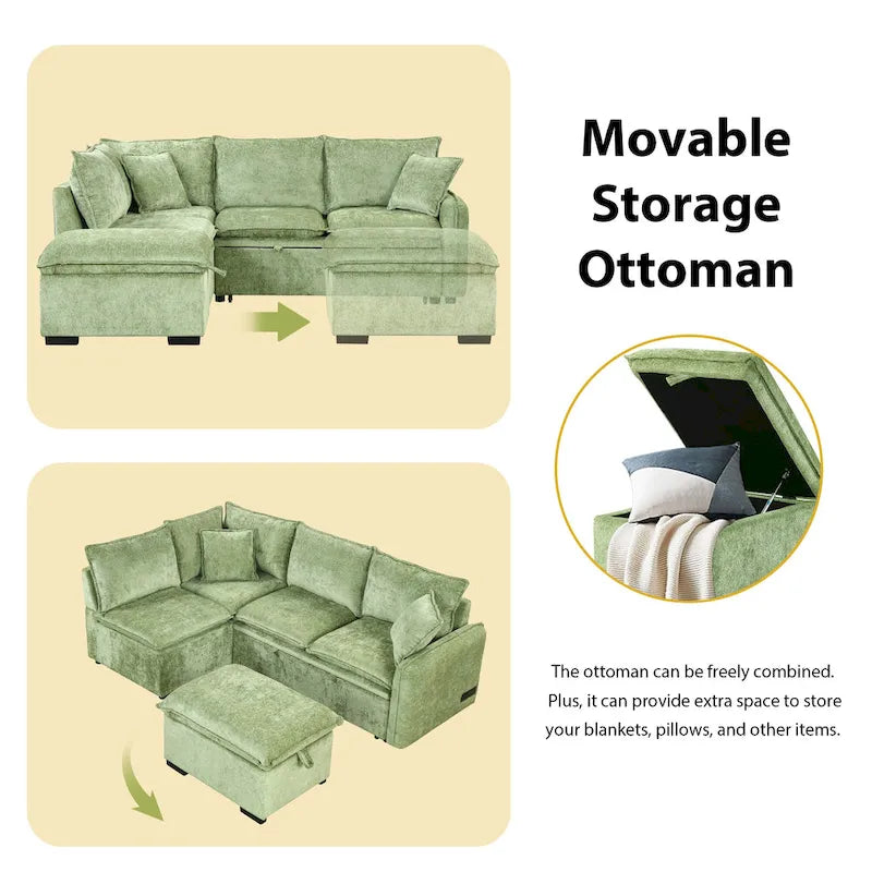 Convertible Sofa Bed Sectional Sleeper with Storage Ottoman, Two Pillows, USB Ports, and Power Sockets