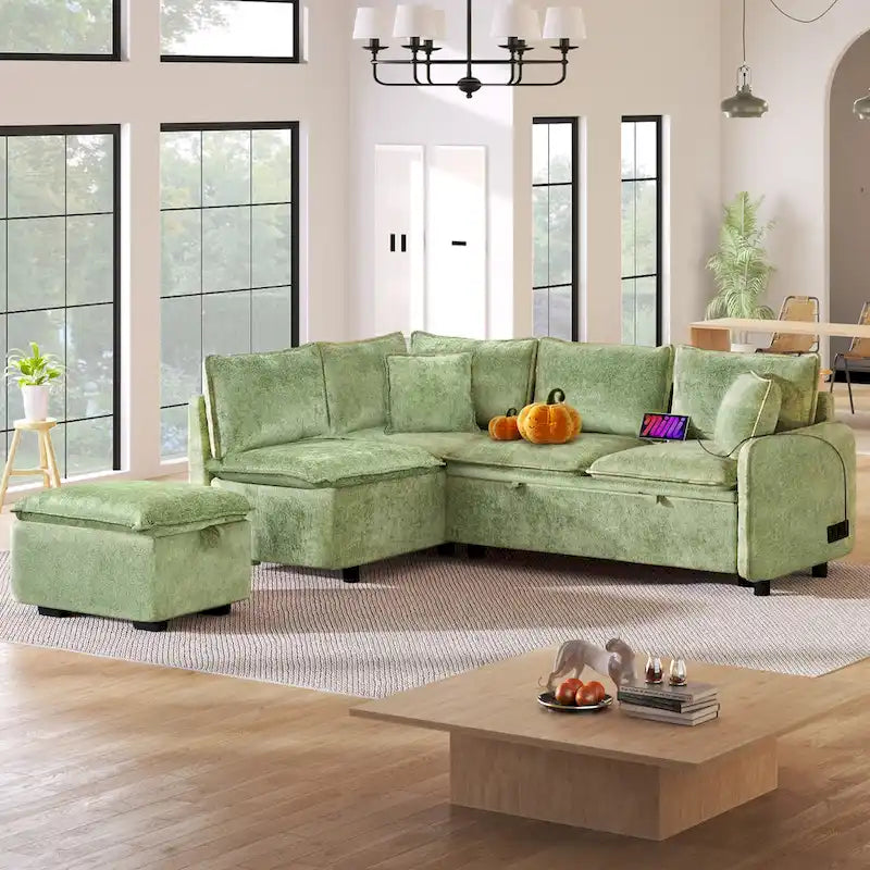 Convertible Sofa Bed Sectional Sleeper with Storage Ottoman, Two Pillows, USB Ports, and Power Sockets