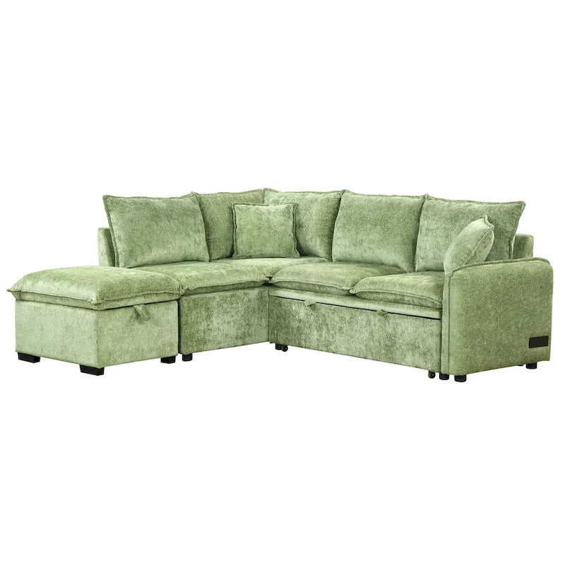 Convertible Sofa Bed Sectional Sleeper with Storage Ottoman, Two Pillows, USB Ports, and Power Sockets