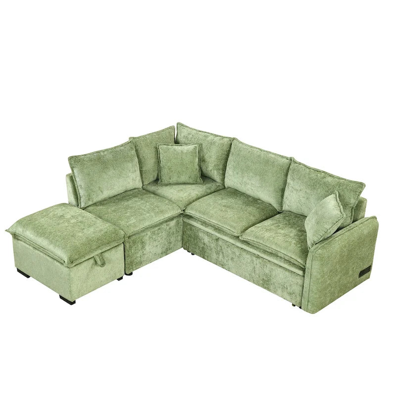 Convertible Sofa Bed Sectional Sleeper with Storage Ottoman, Two Pillows, USB Ports, and Power Sockets