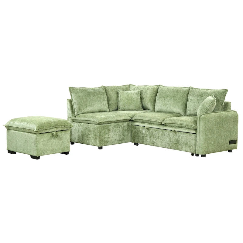 Convertible Sofa Bed Sectional Sleeper with Storage Ottoman, Two Pillows, USB Ports, and Power Sockets