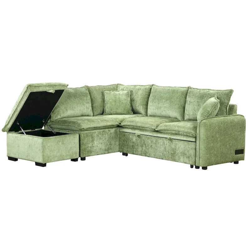Convertible Sofa Bed Sectional Sleeper with Storage Ottoman, Two Pillows, USB Ports, and Power Sockets