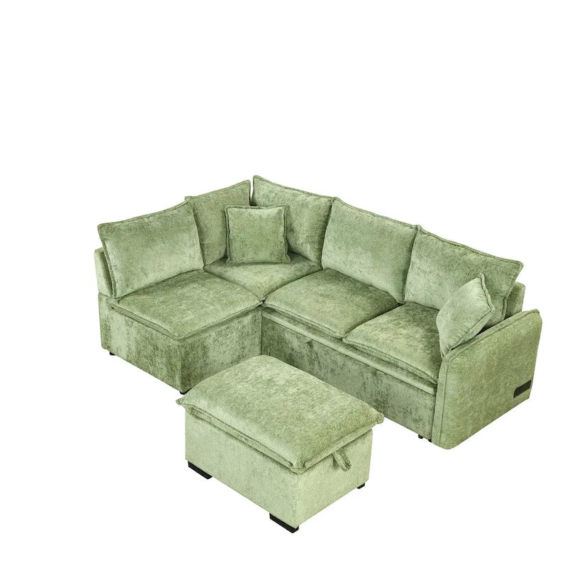Convertible Sofa Bed Sectional Sleeper with Storage Ottoman, Two Pillows, USB Ports, and Power Sockets