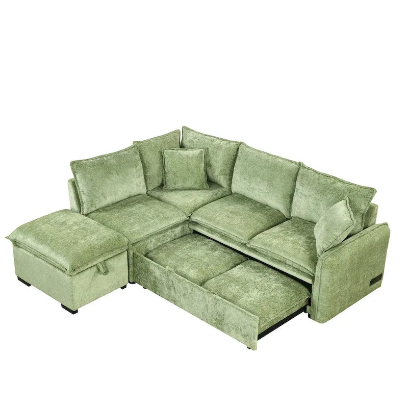 Convertible Sofa Bed Sectional Sleeper with Storage Ottoman, Two Pillows, USB Ports, and Power Sockets