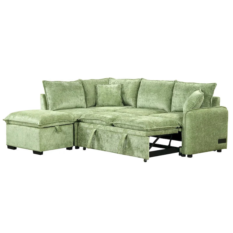 Convertible Sofa Bed Sectional Sleeper with Storage Ottoman, Two Pillows, USB Ports, and Power Sockets