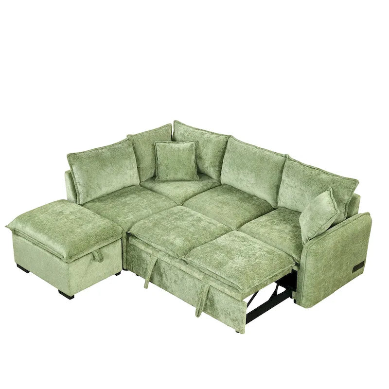 Convertible Sofa Bed Sectional Sleeper with Storage Ottoman, Two Pillows, USB Ports, and Power Sockets