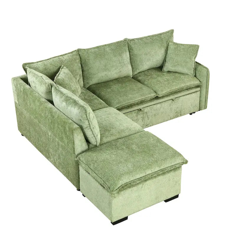 Convertible Sofa Bed Sectional Sleeper with Storage Ottoman, Two Pillows, USB Ports, and Power Sockets