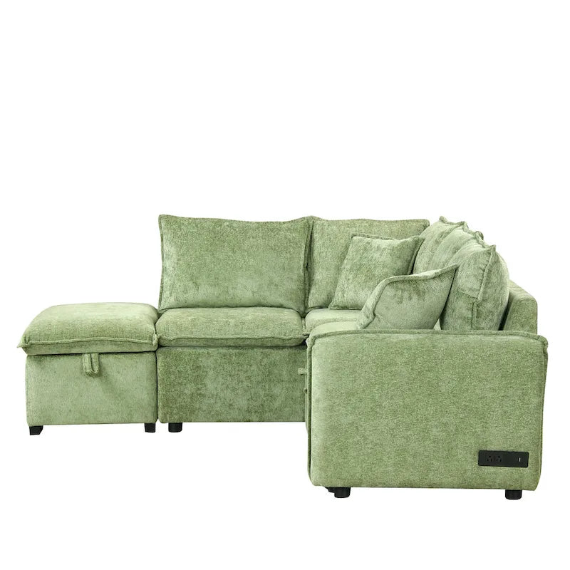 Convertible Sofa Bed Sectional Sleeper with Storage Ottoman, Two Pillows, USB Ports, and Power Sockets