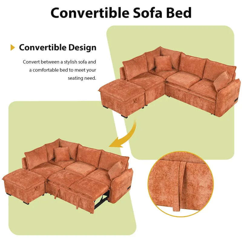 Convertible Sofa Bed Sectional Sleeper with Storage Ottoman, Two Pillows, USB Ports, and Power Sockets