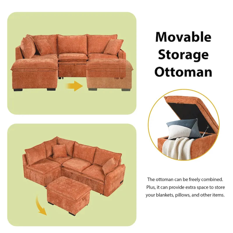 Convertible Sofa Bed Sectional Sleeper with Storage Ottoman, Two Pillows, USB Ports, and Power Sockets