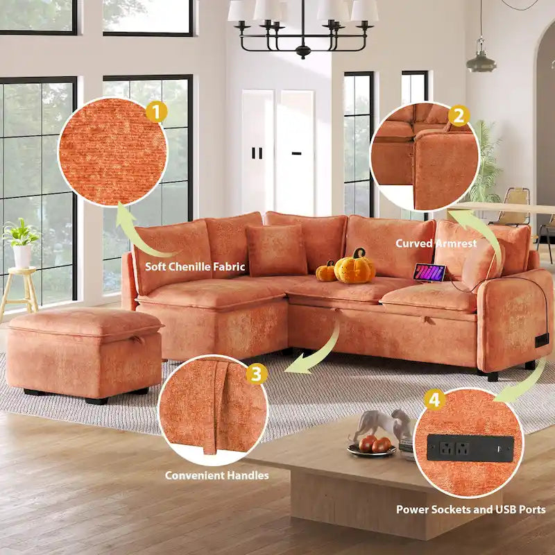 Convertible Sofa Bed Sectional Sleeper with Storage Ottoman, Two Pillows, USB Ports, and Power Sockets