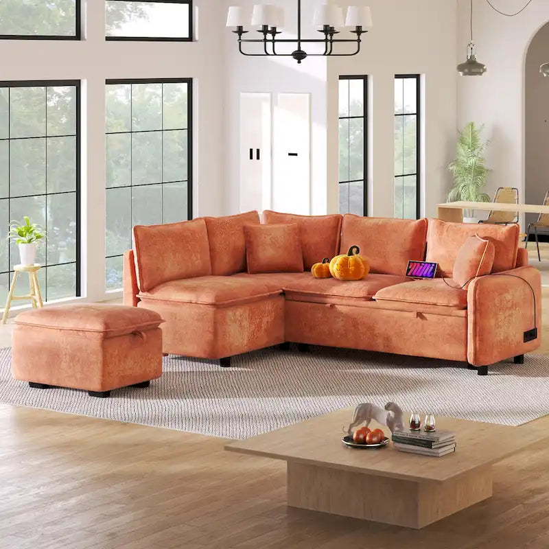 Convertible Sofa Bed Sectional Sleeper with Storage Ottoman, Two Pillows, USB Ports, and Power Sockets