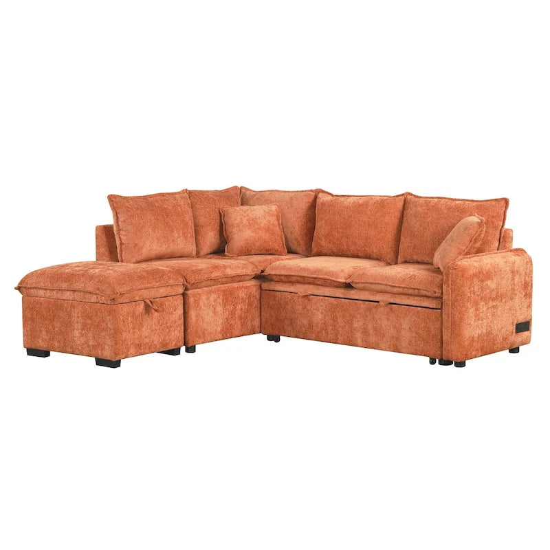 Convertible Sofa Bed Sectional Sleeper with Storage Ottoman, Two Pillows, USB Ports, and Power Sockets