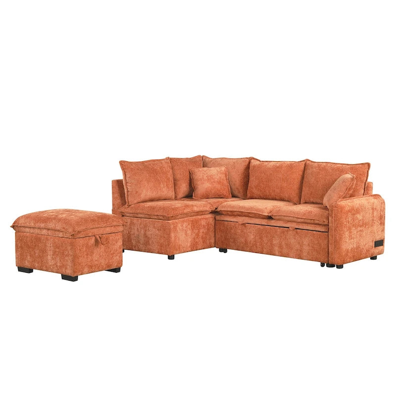 Convertible Sofa Bed Sectional Sleeper with Storage Ottoman, Two Pillows, USB Ports, and Power Sockets