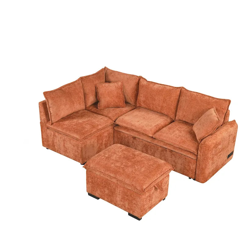 Convertible Sofa Bed Sectional Sleeper with Storage Ottoman, Two Pillows, USB Ports, and Power Sockets