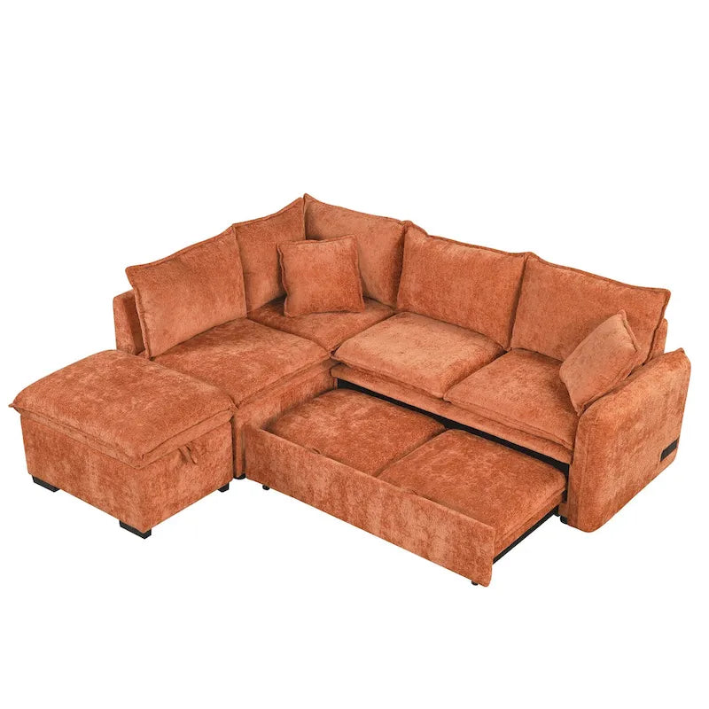Convertible Sofa Bed Sectional Sleeper with Storage Ottoman, Two Pillows, USB Ports, and Power Sockets
