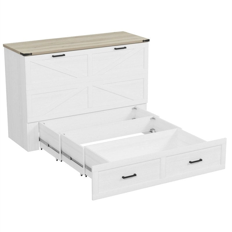 Farmhouse Murphy Bed Wall Bed with a Large Drawer, Full/Queen Size Foldable Murphy Cabinet Bed with Charging Station